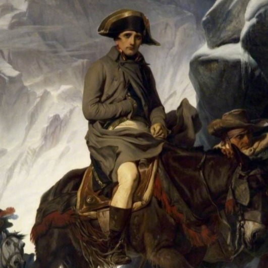 Napoleon crossing the Alps' c1850 by Paul Delaroche. Born on this