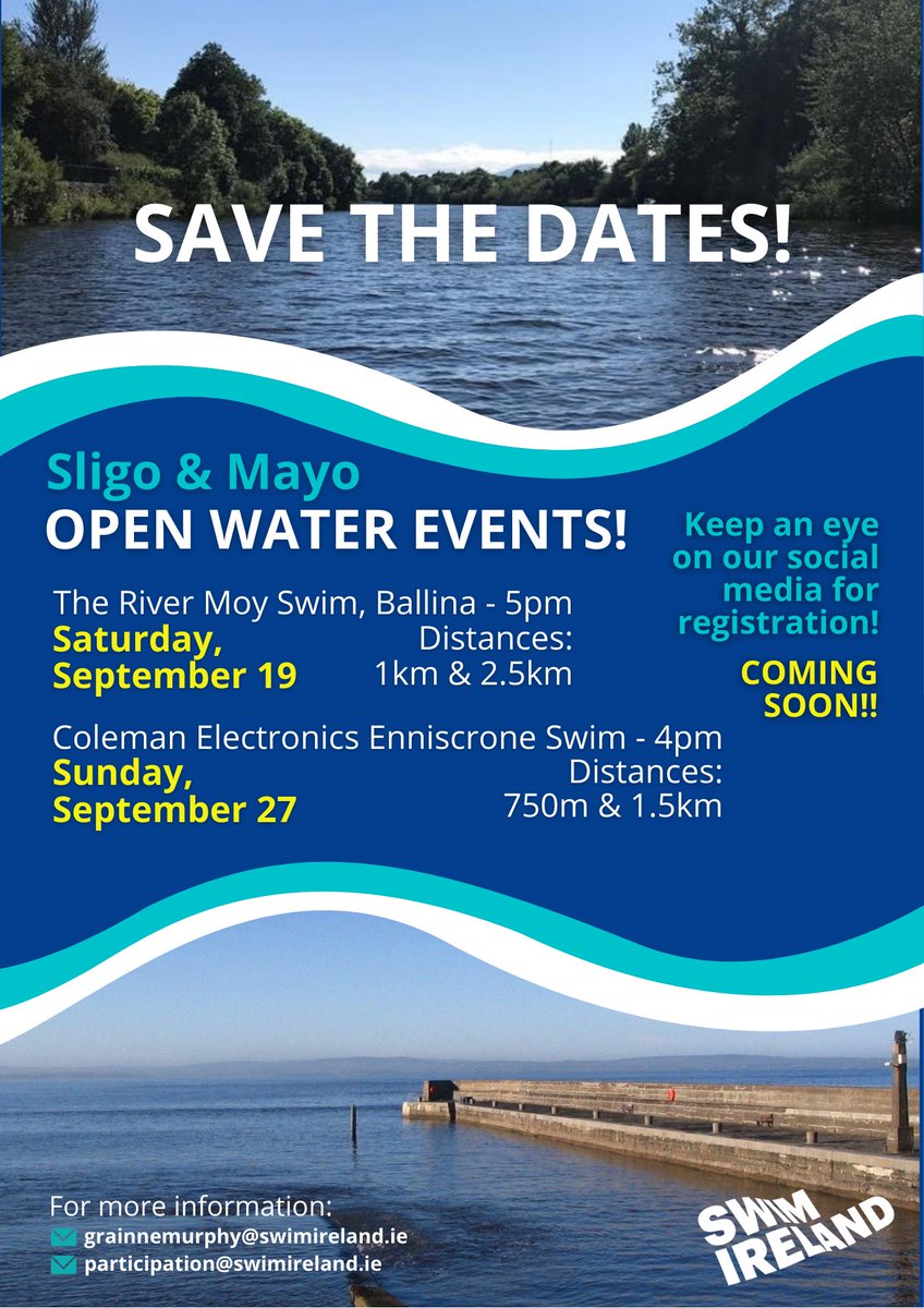 swimireland's tweet photo. 🌊Save. The. Dates! Open Water Events coming to #Sligo &amp; #Mayo this September 💪#OpenWater  

River Moy Swim - September 19
Coleman Electronics Enniscrone Swim - September 27

@SwimConnacht https://t.co/MHStXFhTJ1