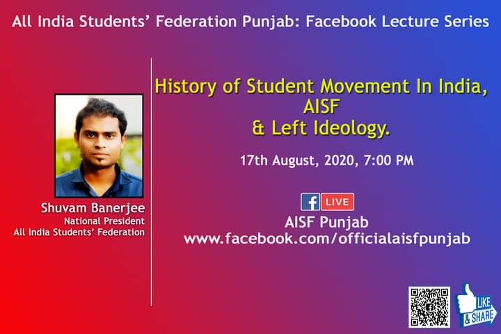 Aisf_Punjab's tweet photo. ☆ AISF 85th Foundation Day Celebrating through Virtual Lecture Series.

☆ Topic : "History of Student Movement in India, AISF &amp; Left Ideology." 

☆ 17th August 2020, 7.00 pm

☆ Comrade Shuvam Banerjee will be live on AISF Punjab Facebook Page.

#AISF
#Aisf_Punjab https://t.co/sE89sobUGk