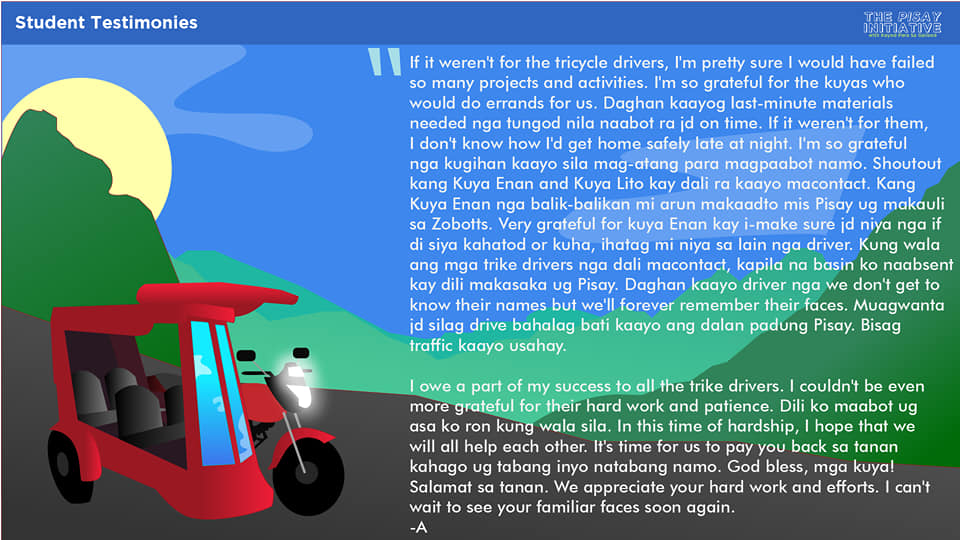 kpsg_ph's tweet photo. Several students of 𝗣𝗦𝗛𝗦-𝗖𝗩𝗶𝘀𝗖 sent our team their testimonies about how the tricycle drivers, laundrywomen, and assistant dorm managers of Pisay helped them get through difficult times. 📚 https://t.co/65dEmNCCYT