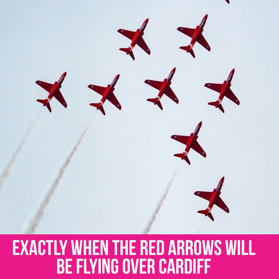 itsoncardiff's tweet photo. For the first time in eight years, the #RedArrows will perform flypasts over #Edinburgh, #Belfast, #Cardiff and #London today to mark the 75th anniversary of #VJDay.

Cardiff - 2.41pm
Cardiff - 2.43pm
Over the sea near Cardiff- 2.44pm
Cardiff- 2.45pm
Take off from Cardiff 5:00pm https://t.co/raXfinGv1q