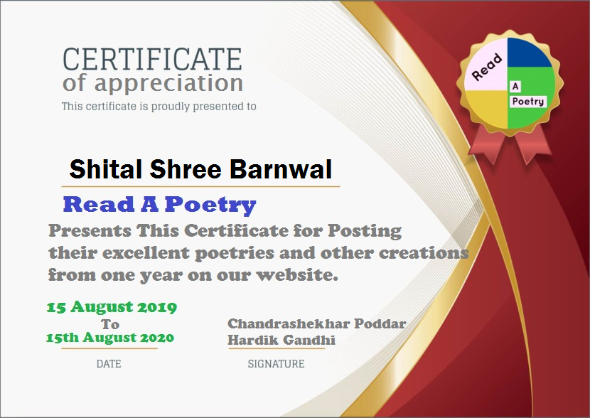 ReadAPoetry's tweet photo. Thank you For Staying With us Shital Shree Barnwal
Message your Email ID and Get Certificate on Mail.
Post on Read A Poetry Hindi : 04
Hits : 1253+
#readapoetry #Hindi https://t.co/3yrceS1Fha