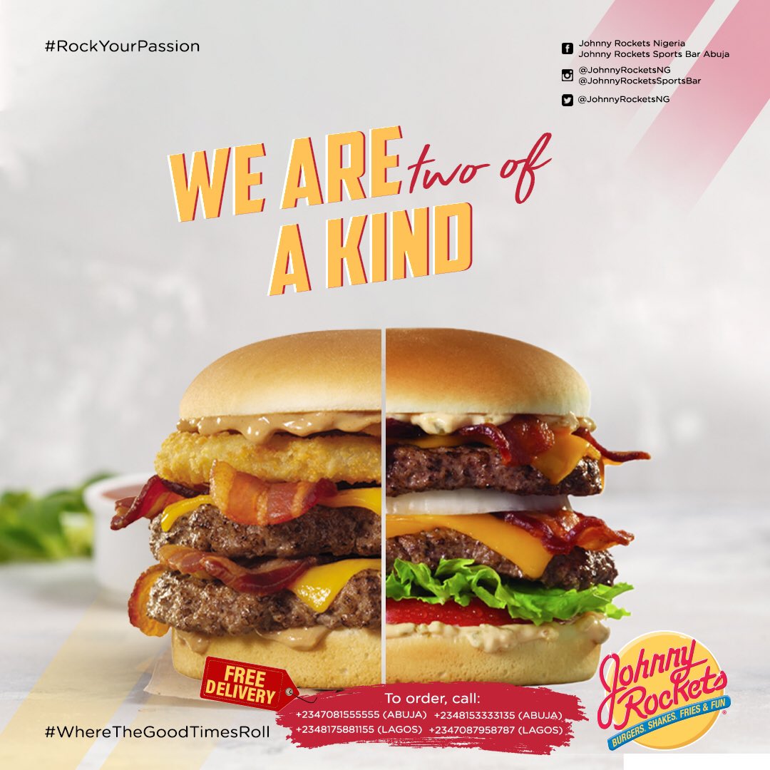 JohnnyRocketsng's tweet photo. When you need the best burger, you know you need to order from Johnny Rockets
Order Now!!
Call us on;
📍Lagos
+2348175881155
+2347087958787
📍Abuja
+2348153333135,
+2347081555555
(No Delivery Fee)
#JohnnyRocketsNG #WhereTheGoodTimesRoll #CheatDayEats #BurgerTime🍔 https://t.co/88Y3x8VT79