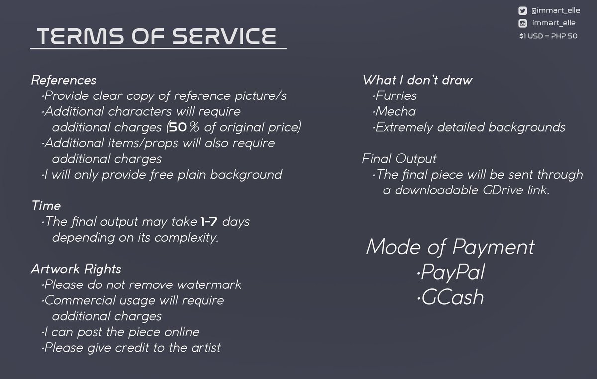 hello!! I'm Elle, a trad and digi artist and these are my updated commission sheets so if y'all interested in my work, feel free to dm me for commissions! ✨
(rts are highly appreciated,i need to save up more 🥺)
ig: immart_elle
#artph #ArtistsofSEA #commissions #commissionopen