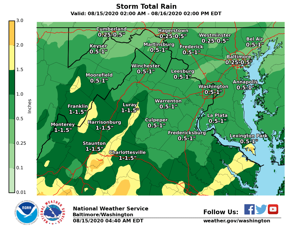 NWS_BaltWash's tweet photo. Rain is in store for the entire  region today and tonight with the heaviest amounts expected along the Blue Ridge Mountains and the I-64 corridor in central Virginia where a Flash Flood Watch remains in effect. https://t.co/YbwDUnKZeM