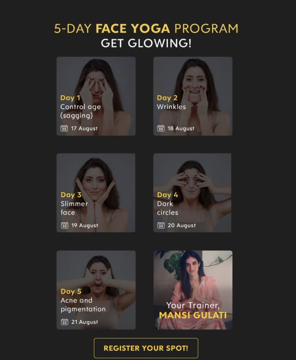 sarvayogastudio's tweet photo. Only 2 days left for an exclusive 5-Day Face Yoga Program with our Face Yoga Expert @MansiGulatiyoga βΊοΈ
Register Now --> https://t.co/Ys2snzPL7L
#FaceYoga #GlowingSkin #HealthySkin #SarvaYoga #YogaPlus https://t.co/vHafExZyrj https://t.co/tuwm09LjAU