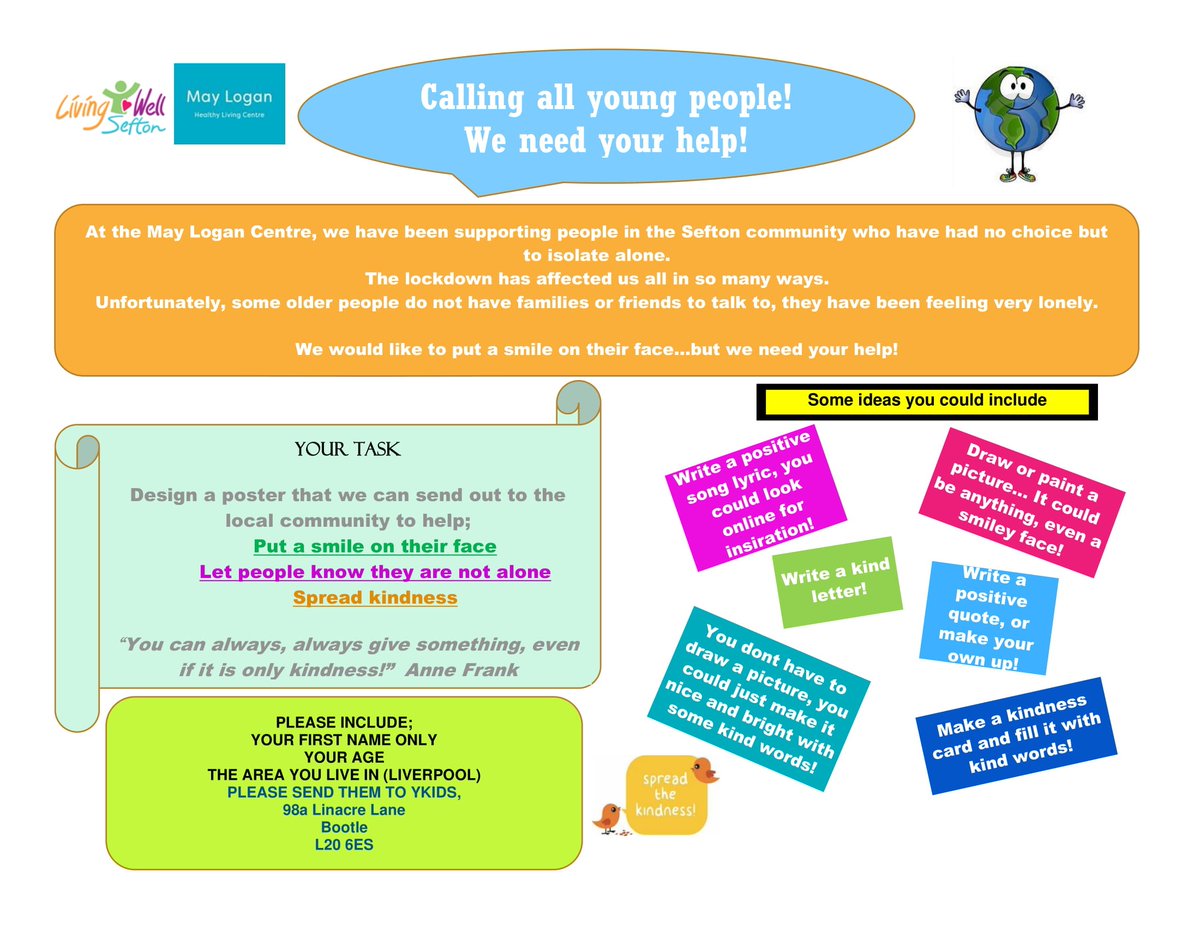 Ykids_Charity's tweet photo. Want to make a difference???

Design a poster/write a letter with an encouraging message to help put a smile on someone's face and end loneliness in Sefton!😁 Read the full details below:

@mayloganonward  @seftoncouncil @KingsleyandCo_ https://t.co/qcJoEJz99j