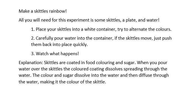 TheHiveWorcs's tweet photo. Make a skittles rainbow! πππ Each Saturday we do simple, silly science experiments using household ingredients. All you need for this experiment is some skittles, a plate, and water! #LibrariesFromHome #SillyScienceSaturdays #STEM #STEAM #SillySquad2020 #SummerReadingChallenge https://t.co/gRCRzuuMRX