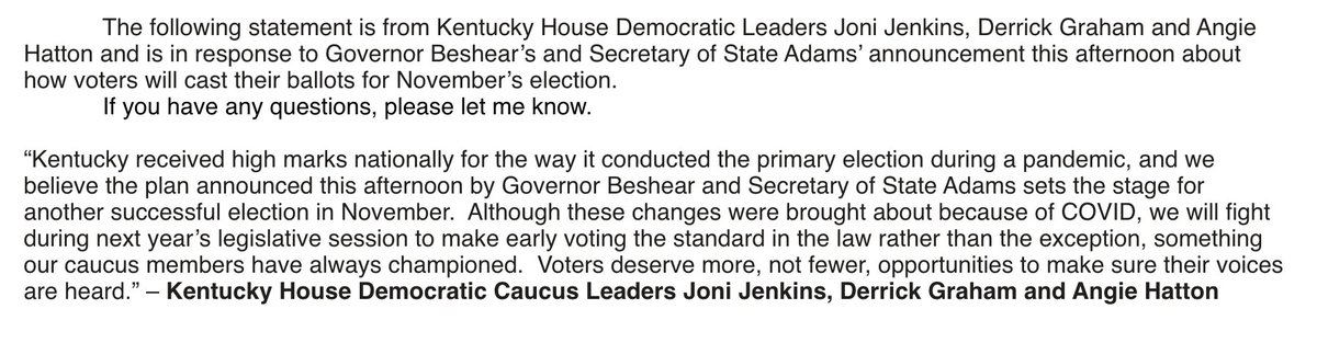 On Friday  @kyhousedems issued a statement supporting  @GovAndyBeshear and  @KYSecState Michael Adams’s general election plan for  #Kentucky (see below).I saw nothing from  @KYHouseGOP or  @KYSenateGOP.What do you think of the plan,  @kysenatepres &  @reposborne?  #AllEyesOnKentucky