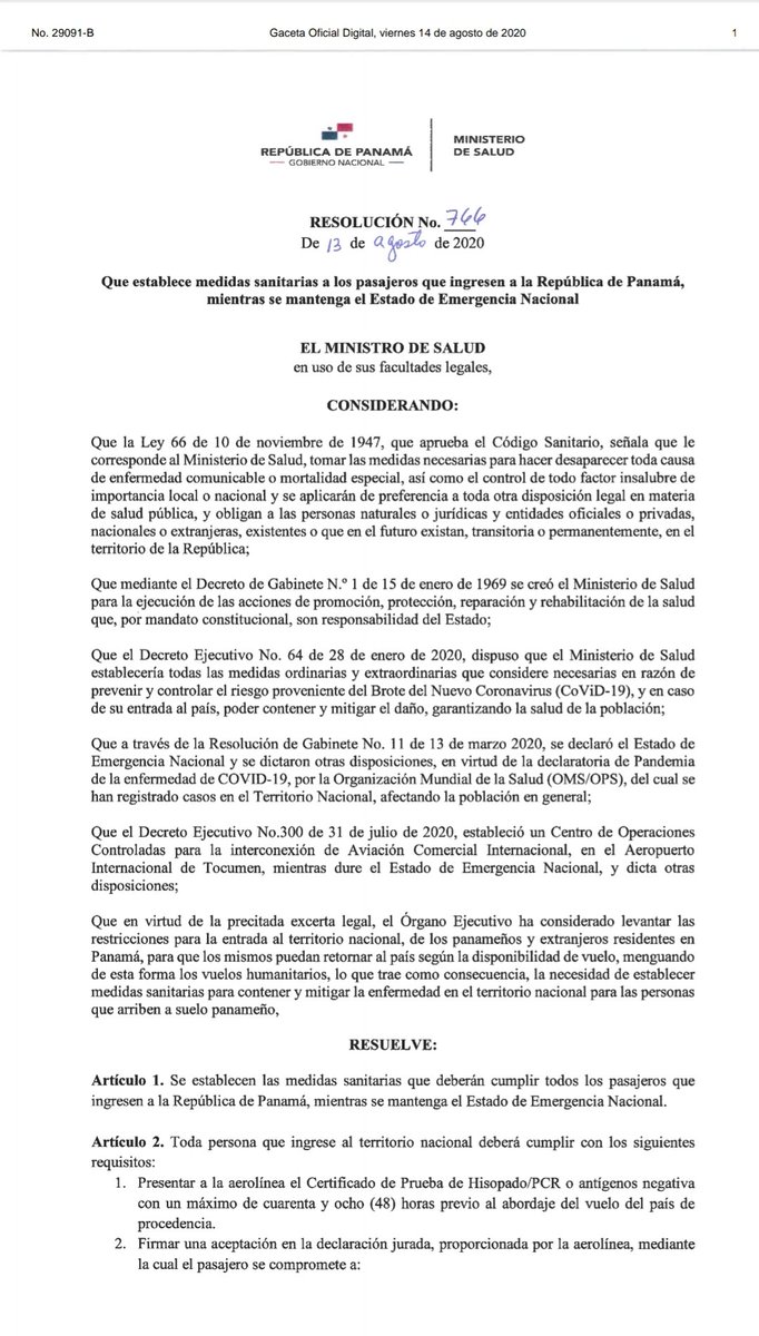 tocumenaero's tweet photo. ✅ATENCIÓN|| El Ministerio de Salud publicó la resolución No.766 del 13 de agosto, que establece medidas sanitarias para los pasajeros panameños y residentes que ingresen al país, mientras se mantenga el Estado de Emergencia Nacional.✈

Empezará a regir desde el 17 de agosto👇 https://t.co/fhLEteClH4