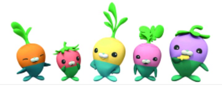 애니메이션 주역 베지멀

  배롯(barrot) - 당근(carrot) + 배스(bass)
  토미노(tominmoe) - 토마토(tomato) + 피라미(minnow)
  튜닙(tunip) - 순무(turnip) + 참치(tuna)
  코디쉬(codish) - 무(radish) + 대구(cod)
  그루버(grober) - 덩이줄기(tuber) + 그루퍼(grouper)