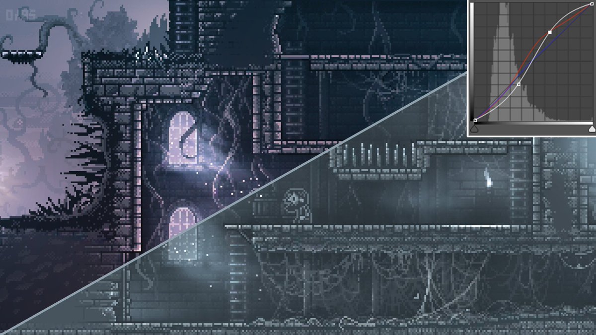 All sprites before postprocessing are almost totally grayscale. We add colour by using Colour Correction curves combined with other small tricks