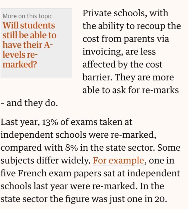 And I’ve highlighted before the problem of a deeply inequitous appeals system  https://www.theguardian.com/education/2016/aug/16/a-level-marking-grades-remark-schools