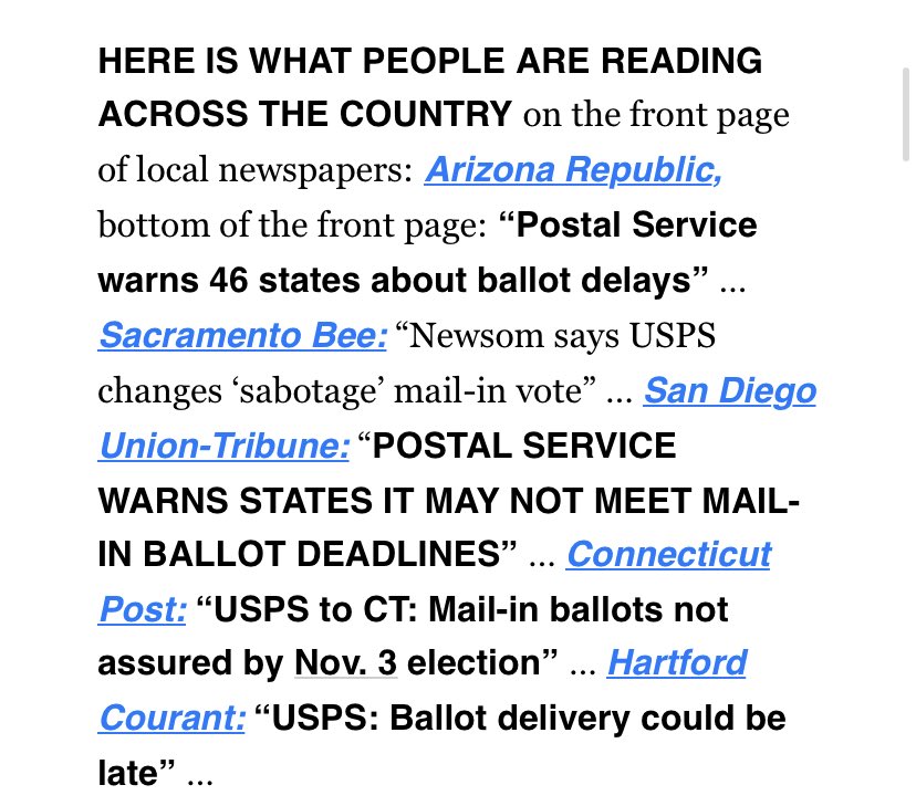 Playbook this morning. We rarely see the kind on penetration the USPS story is getting. These are all front page headlines from across the country.