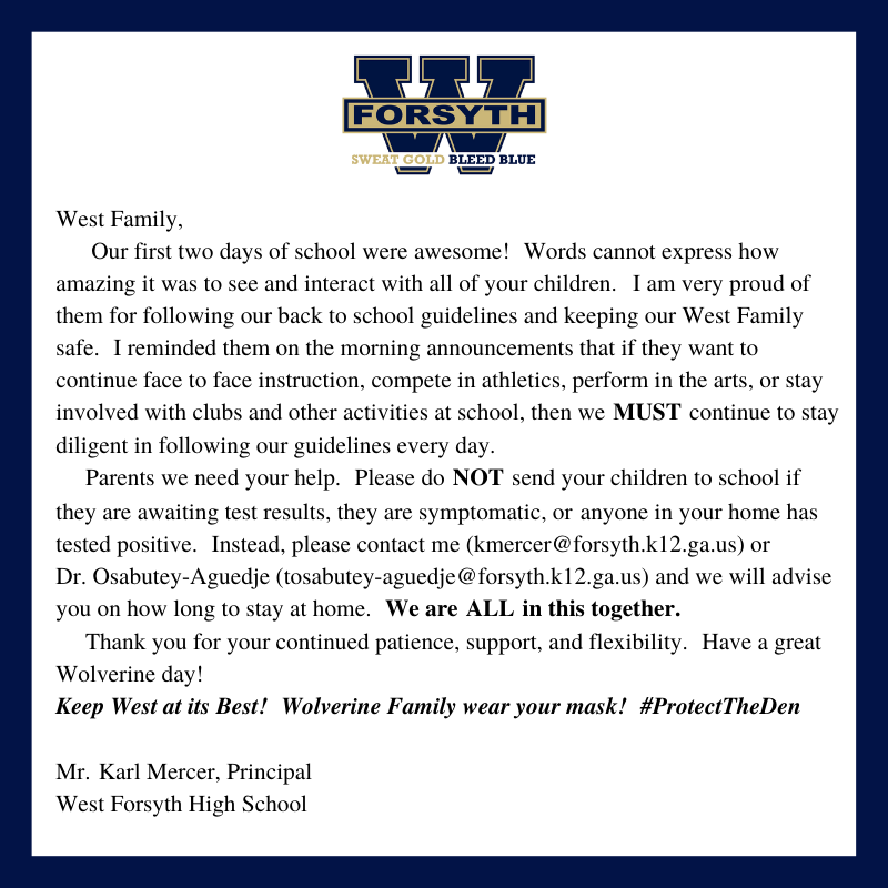 WestForsythHigh's tweet photo. 📣 An important message from our Principal, Mr. Karl Mercer  📣 
#IamWestForsythWeareFamily
#ProtectTheDen https://t.co/DqVCsy3uaF