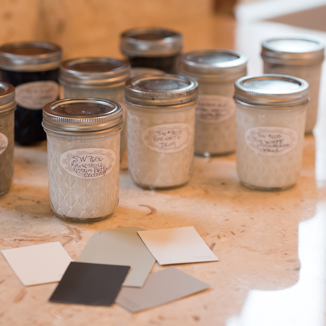 We save jars of paint for touch-up during each renovation. It's handy to label with manufacturer, paint name and catalog number to reference later. #design #interiordesign #homedecor #home #interiors #decor #organization #storageideas #organize #painting #painter #jar #diy