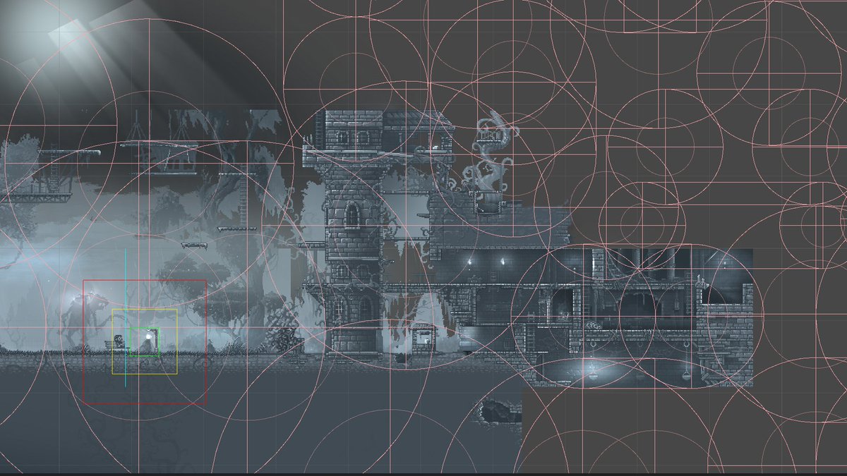 The information about Color Correction (CC) we needed in particular was stored in Color Theme Nodes (pink circles). When the camera panned into a circle, the CC started to change. The closer to the center, the stronger the influence and up to 5 nodes may affect the camera.