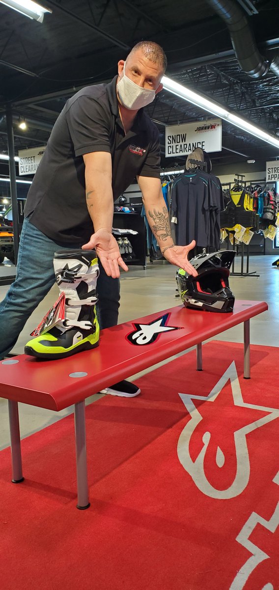 JohnnyKsPower's tweet photo. Stop in to Johnny K's Powersports today and see Joey for all your off road gear needs. Get suited up for the weekend in the new ALPINESTARS M5 Rover Helmet and Tech 3S Boots. https://t.co/iIKv9lQllB
