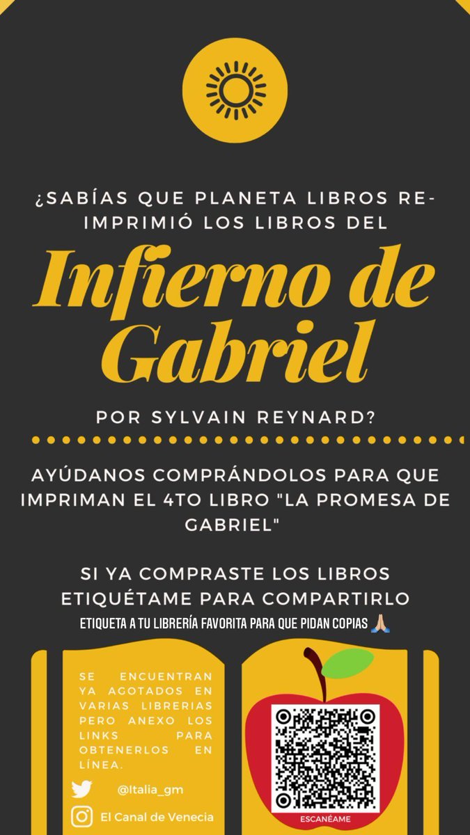 italia_gm's tweet photo. Si buscas donde comprar la trilogía de #InfiernodeGabriel hice una recopilación. Escanea el código. Ayúdanos etiquetado a tu librería preferida para poder adquirir los libros de @sylvainreynard @PlanetaLibrosMx @LibreriasGandhi @Planetadelibros @GabrielSeriesFP @CanalSRFansESP https://t.co/zsU9YoRVIM