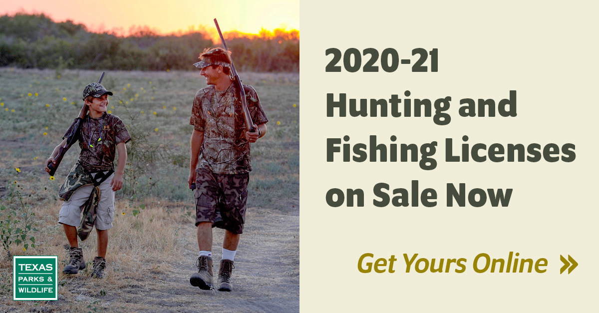 TPWDhunt's tweet photo. New season Hunting + Fishing licenses are on sale NOW! Order online or find a retailer at https://t.co/dbF7ZvMVFR. Your license fees are used for on-the-ground conservation efforts and to keep hunting and fishing great in Texas. Thank you! https://t.co/pQV59UqTeO