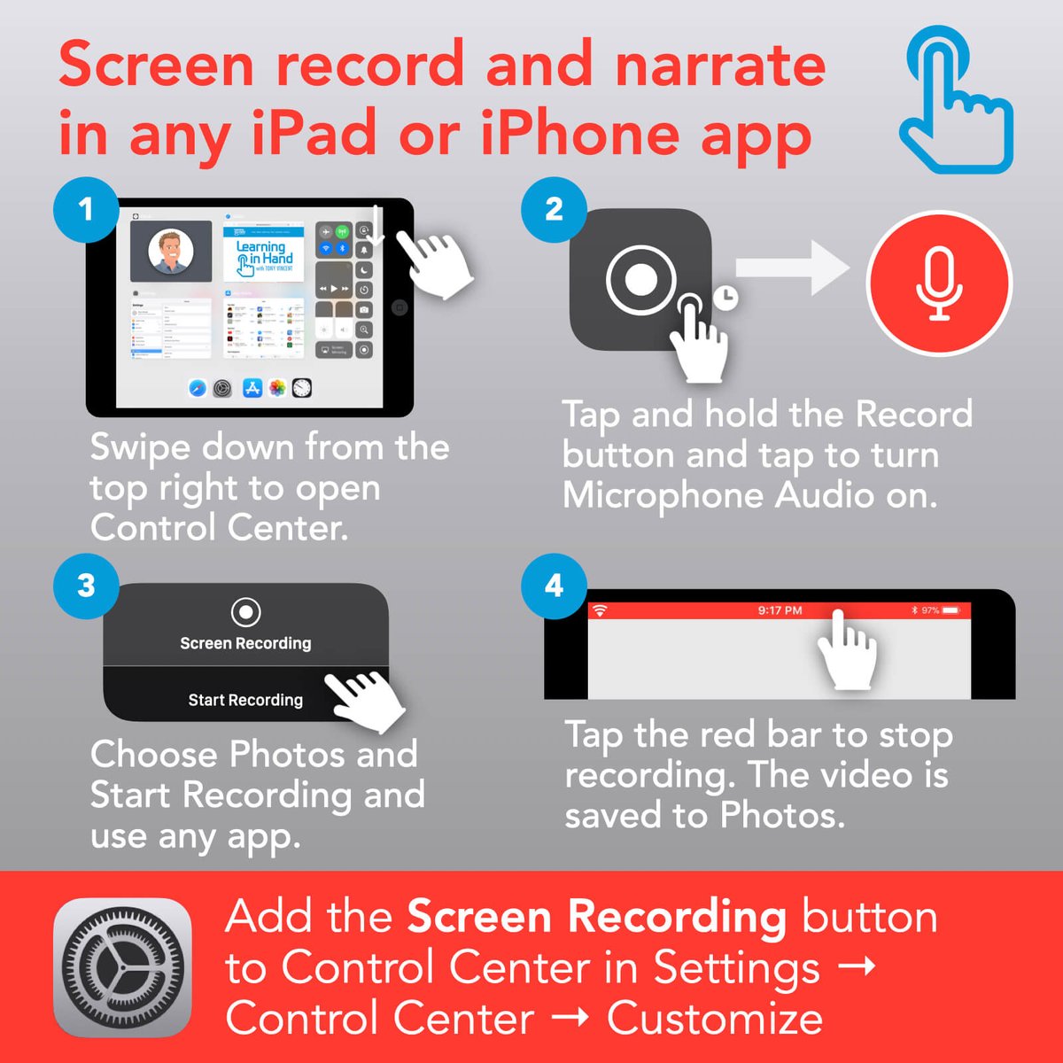 ⏺ Here's how to make a screen recording on an iPad or iPhone—handy for recording video tutorials. #distancelearning

👉 I show you how to plan, record, and edit screen recording in Week 3 of #ClassyVideos Fall 2020. learninginhand.com/classyvideos
