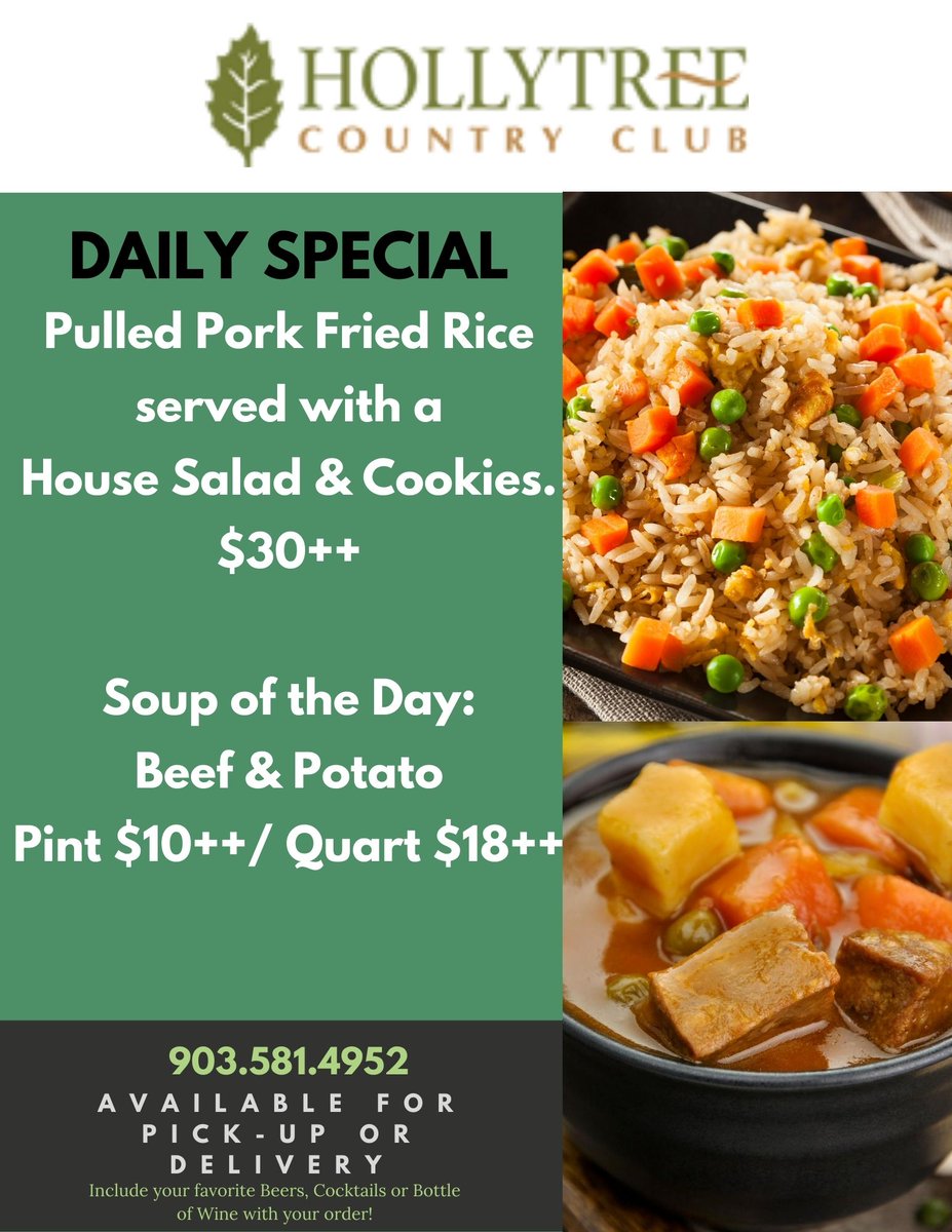 HollytreeTyler's tweet photo. Don't forget to place your order for our Daily Special! 

903-581-4952 https://t.co/DyFigvP6YX