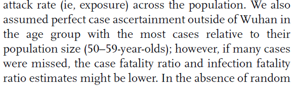 And they also admitted that if some Chinese Covid-19 cases outside of Wuhan in the 50-59 age category had not been recorded, then the IFR "might" be lower.They assumed the near-perfect recording of Covid-19 cases outside of Wuhan for everyone between the ages of 30 and 59.