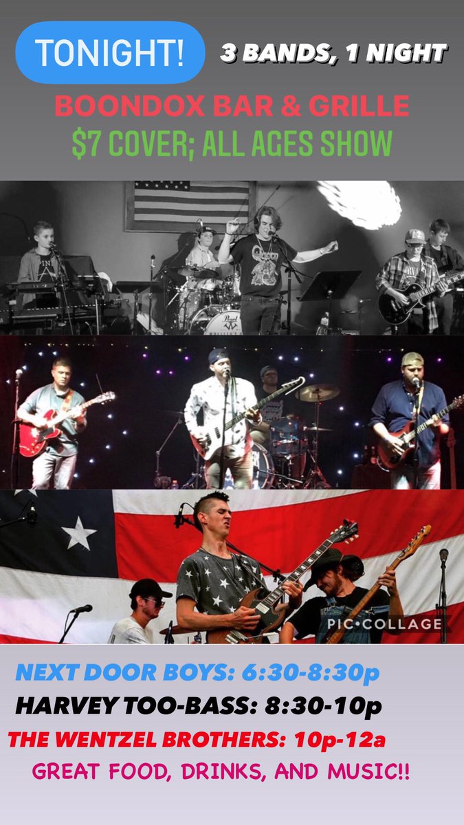 CoachABurkett's tweet photo. It’s on tonight! 3 bands, 1 night at Boondox Bar and Grille. @nextdoorboystn kicking us off at 6:30 pm, @HarveyTooBass to follow, and @thewentzelbros to close out the night. All ages show, $7 cover. Great food, music and drinks! Come spend your Saturday with us! #NDB #H2B #WBB https://t.co/PTNdWyoiKn
