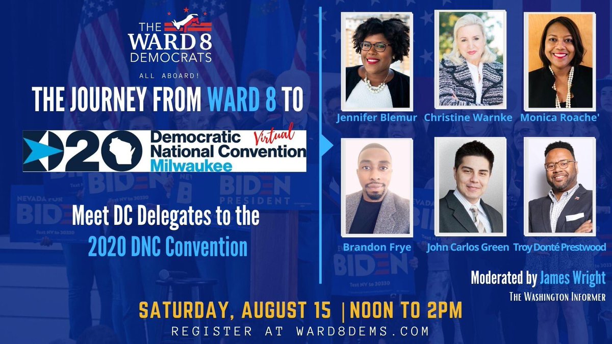 Ward8Dems's tweet photo. Join us today at noon for a discussion with DC's 2020 Delegates as we gear up for next week’s #Demsconvention. You can register here: https://t.co/BhVYC19YCa… #Ward8Dems #DCDems #ward8 #DCDemocrats #DCDelegates #DemDelegate #DNC #BidenHarris2020 #DC https://t.co/rQQdbATz01