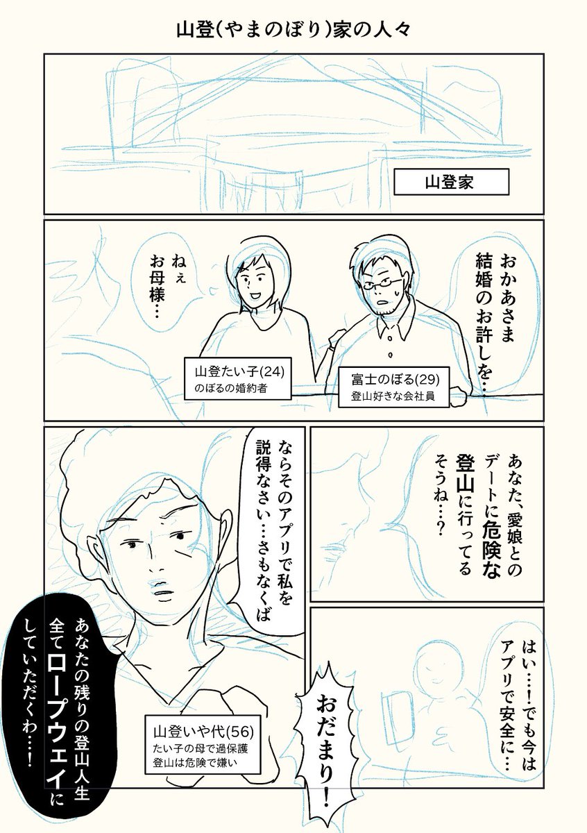 課題「登山アプリの広告漫画」のネーム中。ギャグ漫画に初挑戦。一族もの?を描いてます。明日の夕方くらいにアップ予定ですー!
#コルクラボマンガ専科 