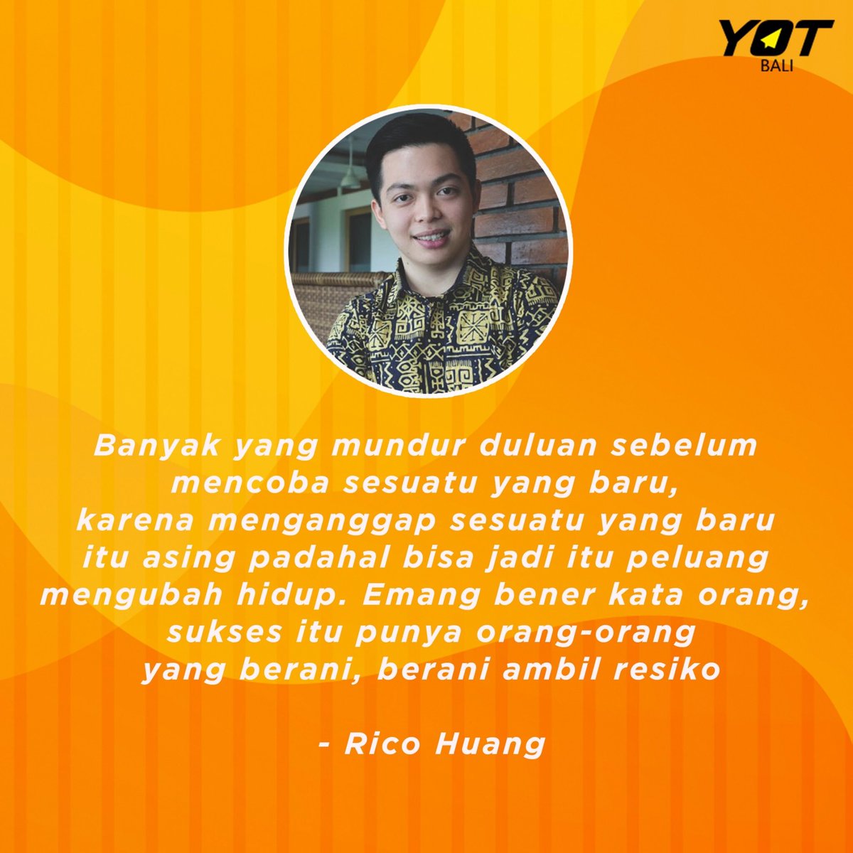 Halo YOTers! Ingat jangan pernah  menyerah sebelum kamu mencoba. Bisa jadi itu adalah peluang emas yang sudah kamu lewatkan. Jgn sampai kamu menyesal dikemudian hari ya. Capek? Wajar. Yuk rehat dulu. Selamat malam minggu!

#Menyatukan Indonesia #IndonesiaKuat #YoungOnTop #YOTBali
