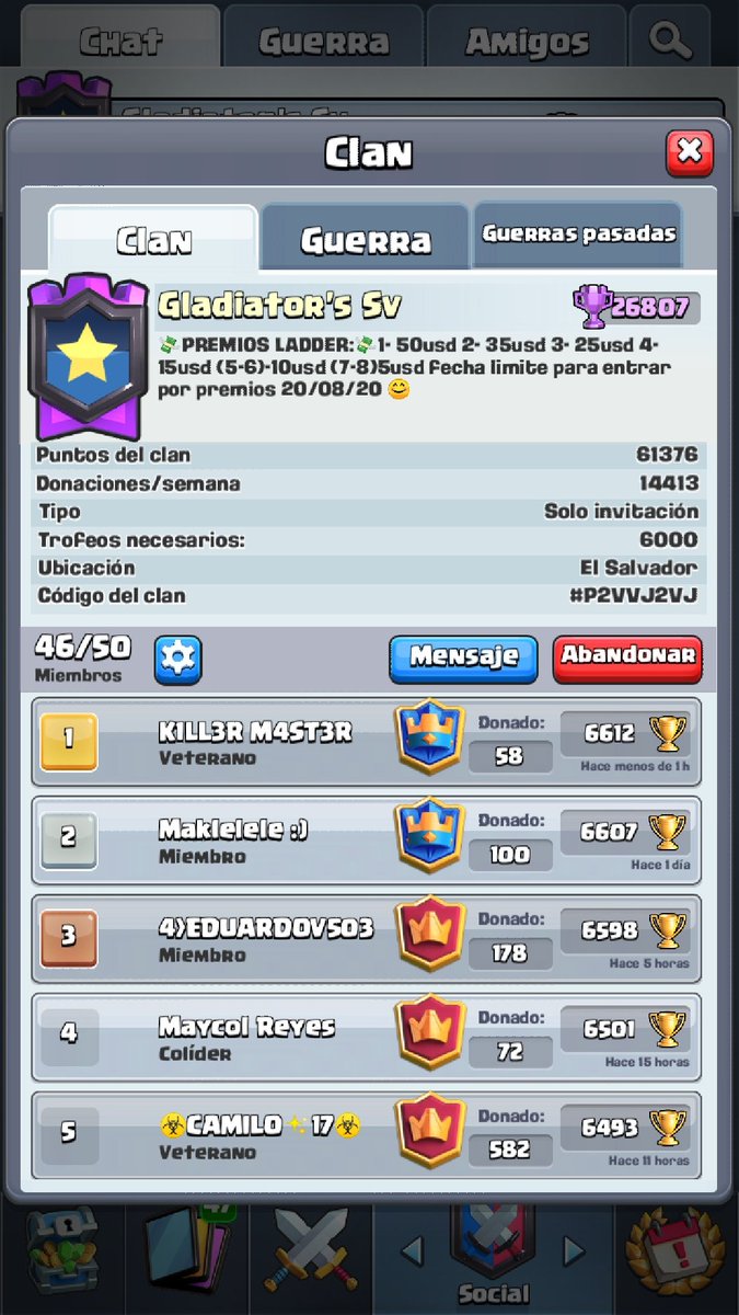 Ultimos 5 Dias para poder entrar al clan a participar por los premios vamos quedan 4 espacios  animos gente Anímense a pertenecer a nuestro clan. Cualquier duda o pregunta mandar MD. Suerte seran bienvenidos.