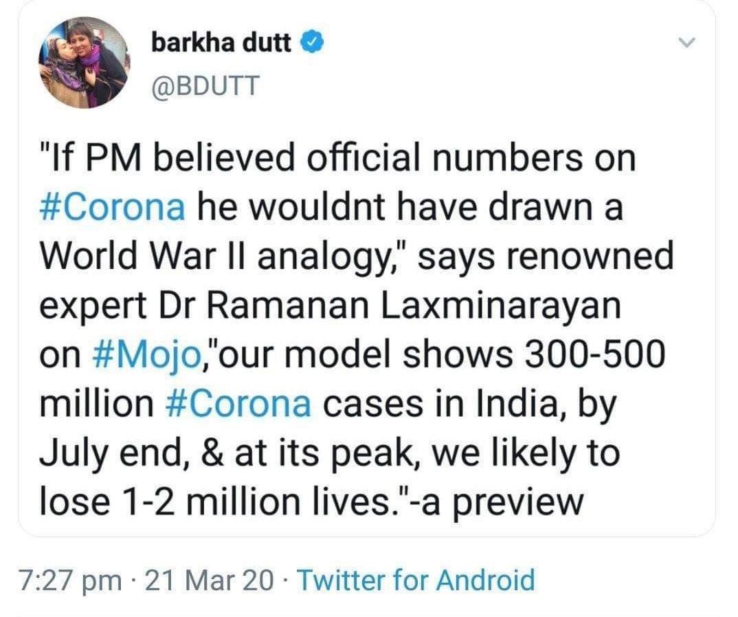 mandody's tweet photo. @BDUTT hoi hoi 1 or 2 million corona virus died ! Barkho you can bark again like these lies https://t.co/7lD5YkurIH