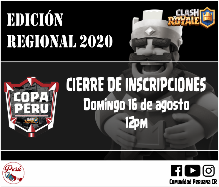 Para la edición 2020 de la <a href="/CopaPeruCR/">CopaPeruCR</a> las inscripciones de jugadores se cierran este domingo. 
No se pierdan la oportunidad de representar a su región y demostrar quienes son los mejores. 
Para participar solo deben llenar el sgte formulario: forms.gle/tv5kVBFYszyHcT…