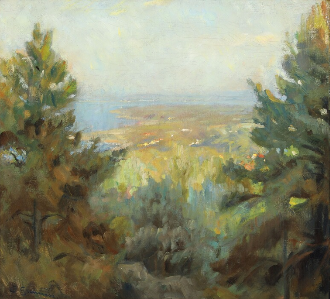 Eli_CottierFab's tweet photo. #DanishPainters: #JohannesGRENNESS (1875-1963), "A view of #Skälderviken with spruce in the foreground- #Kullen, #Sweden", oil on canvas, 46×49 cm, showing at #BruunRasmussen's, #Copenhagen, till #24Aug2020. https://t.co/ewxnQjCyHX