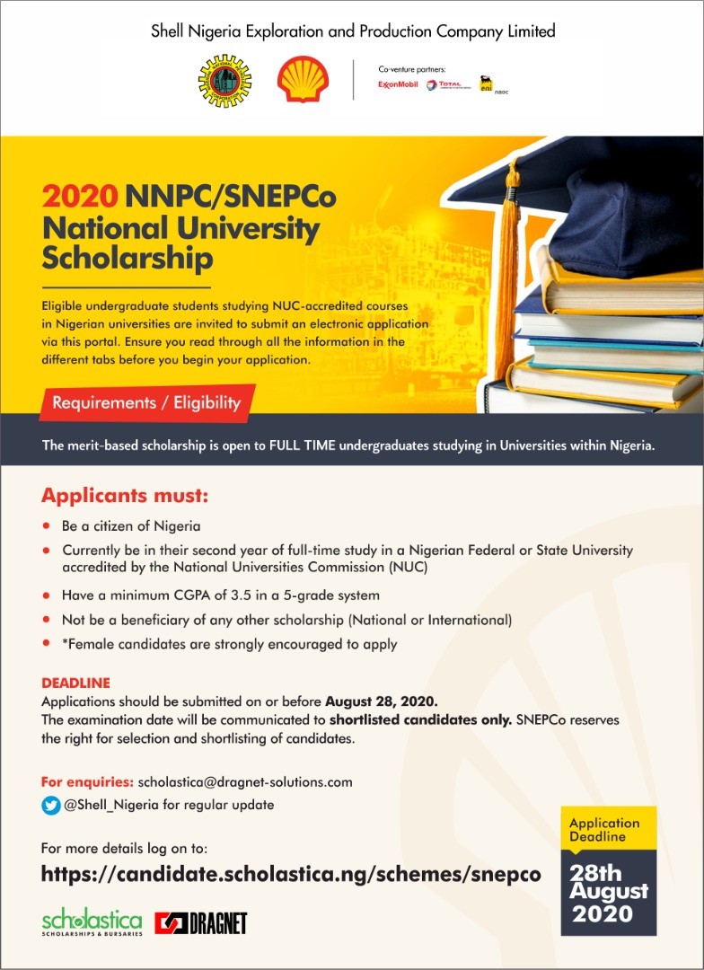 N/S Scholarship is not the conventional scholarship that gives you money and disappears till the next payment. We’re a family! We’re a hub for professional and personal growth! Don’t you want to be a “Shell Baby”? Apply & share:  https://candidate.scholastica.ng/schemes/snepco  feel free to ask me Qs