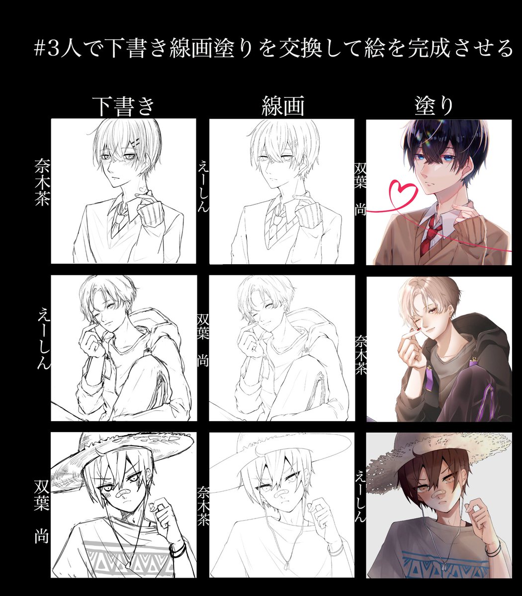 3人で下書き線画塗りを交換して絵を完成させる えーしんちゃん 3rb4p 依頼垢 依頼3件の漫画