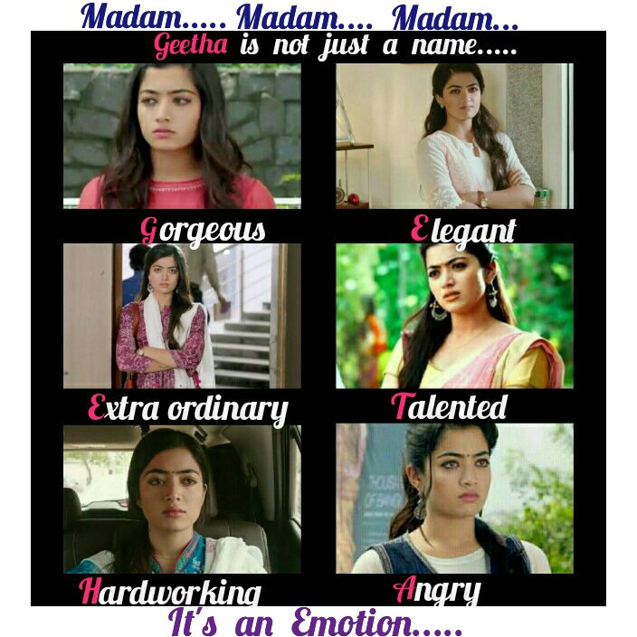 RamNandhitha's tweet photo. @iamRashmika
@TheDeverakonda
#HowToImpressGeetha
#GeethaGovindamTrendOn14th
#GeethaGovindamTrendOnAug14th #2YrsForBBGeethaGovindam
Geetha Govindam..๐
Full form of Geetha..
Geetha Madam is eternal. She lives in our heart forever..
Angry but too cute..
Don't forget to comment.. https://t.co/ytZmS8JfbZ