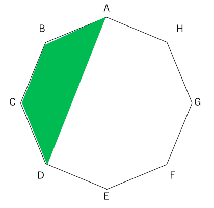 前田 健太 算数好きの先生 算数ネタ135 色のついた部分の面積は 正八角形 Abcdefghを対角線adで２つに分けました もとの正八角形の面積が1cm 2のとき 緑色の部分の面積は何cm 2ですか