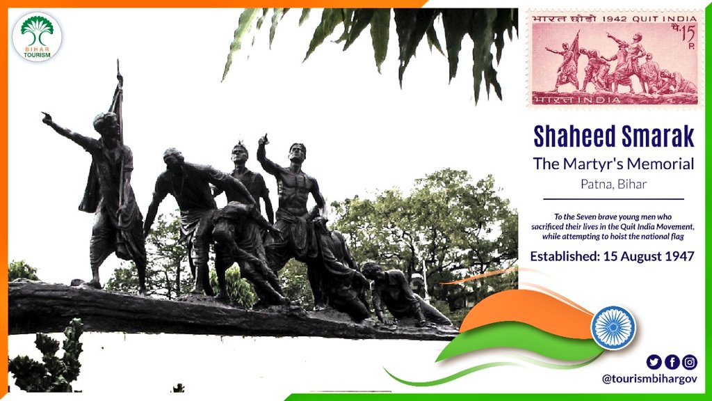The iconic Shaheed Smarak, is a life-size statue of 7 young men who sacrificed their lives in the Quit India movement, to hoist the national flag on the (now) Secretariat building at Patna.The foundation stone of the Smarak was laid on 15th Aug 1947, by the Governor of Bihar. IMAGES, GIF, ANIMATED GIF, WALLPAPER, STICKER FOR WHATSAPP & FACEBOOK