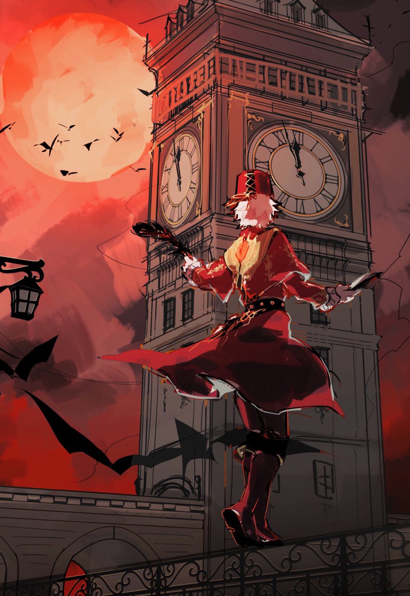 1boy clock red moon hat male focus clock tower solo  illustration images