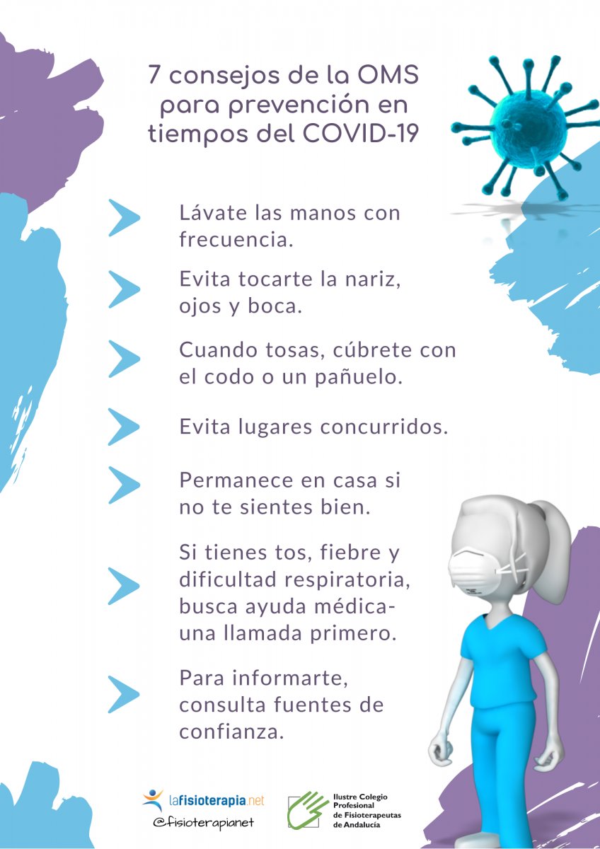 Colfisio's tweet photo. 7️⃣  consejos de la #OMS para prevención en tiempos de #coronavirus. Fundamental seguir estas pautas para evitar contagios ✅. Accede con tu usuario y clave de colegiado para descargar esta #infografía: https://t.co/UXXCqyIoKI https://t.co/4rNelDbCBg