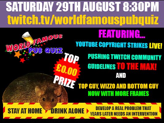wizzouk's tweet photo. Save the date! As @IGFestUK is not happening this August bank holiday we are still going to do an online quiz for fun, frivolity and raising money for @SpecialEffect Fatmouse awaits your incompetence! More details soon #pubquiz #charity  Spread the word with RTs! https://t.co/5x0DtNYcjx