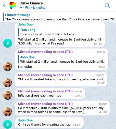 Bitalks's tweet photo. @cz_binance Founder of Curve's feedback about "2m per day" or 766k per day. Check screen short of telegram chat.
Founder: "Inflation is more like 750k per day actually, but also have vestings".
Note: it's with Vested token.
$CRV binance. https://t.co/VPtwEmaIw1