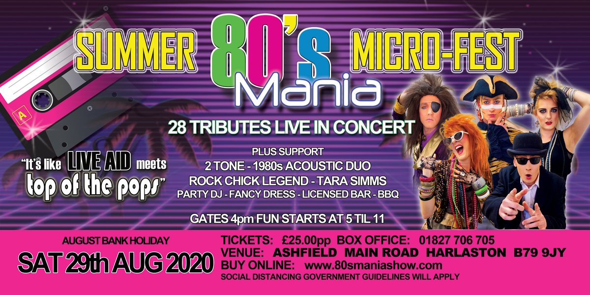 Please RT #80s #Music Micro-Fest featuring 80's Mania (28 tributes in 1 show) and 2 great supports on Sat 29th Aug.
Get your #tickets at ticketlab.co.uk/event/id/5239 Social distancing in place. LIMITED TICKETS! <a href="/stuckinthe80s/">Stuck in the 80s</a>  @Electro80s <a href="/OldSchool80s/">Old School 80s</a>