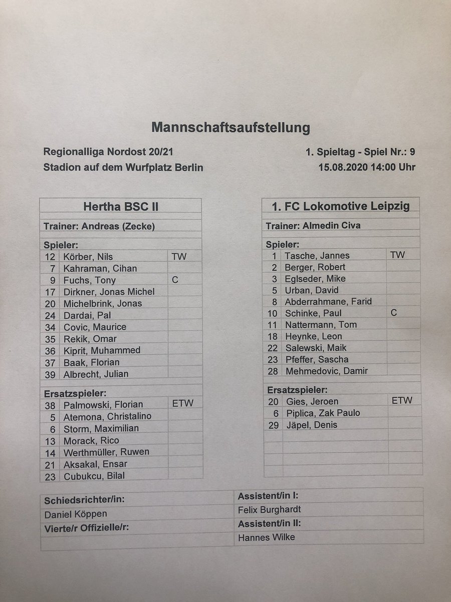 In rund 30 Minuten rollt der Ball bei unserem Saisonauftakt gegen <a href="/1fclokleipzig/">1. FC Lok Leipzig</a>! Unser Coach #Zecke schickt folgende Startelf ins Rennen. ⚽️ 🙌🏼

#BSCU23 #BSCLOK #HaHoHe