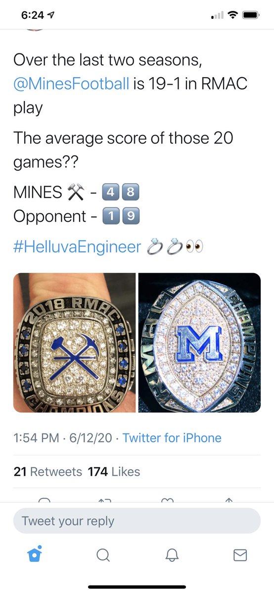 DSTigerDad's tweet photo. @MinesFootball The only way the conference could level the playing field for Mines opponents!  It will also help take some stress off the shoulders of the Mines Football players - wearing all that bling  and hoisting championship trophies can make your arms tired. https://t.co/JdP77j8z9E
