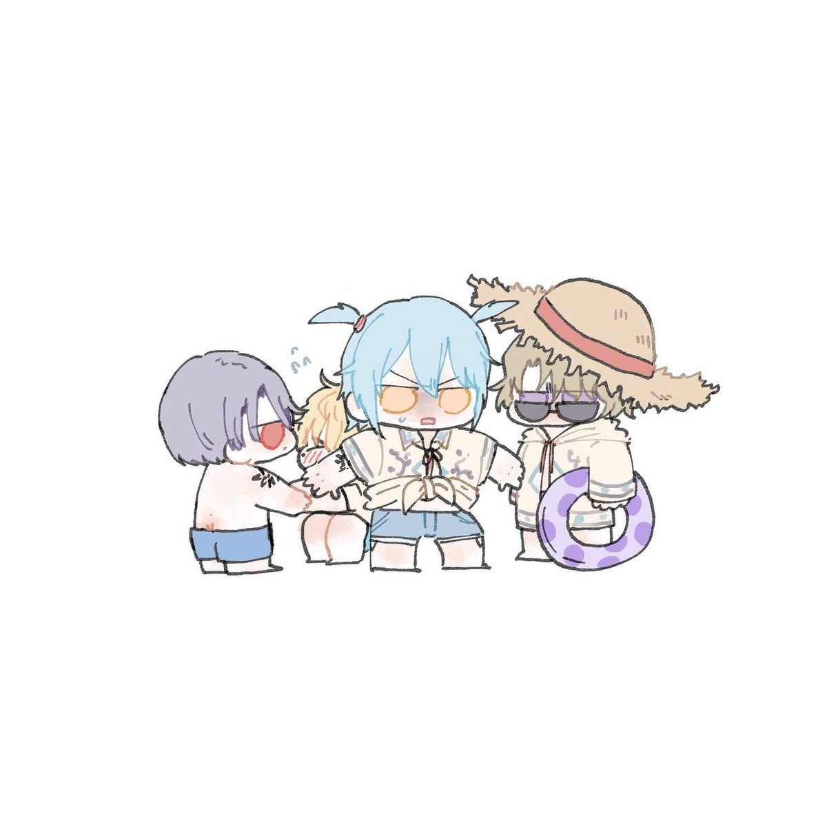 multiple boys hat blue hair innertube blonde hair chibi sunglasses  illustration images