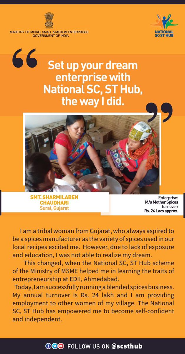 scsthub's tweet image. Set up your dream enterprise with National SC, ST Hub, the way I did.
#AtamnirbharBharat #SCSTHub #NSIC #NSSH #MSME #SCST