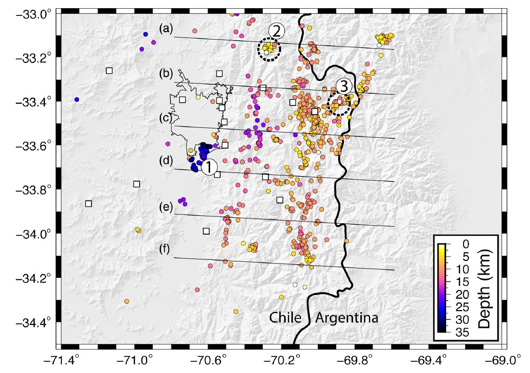 En la zona cordillerana de Santiago hay mucha actividad (En la figura 👇cada punto es un sismo detectado durante el 2017 al 2019 por Ammirati y colocaboradores). 
El temblor de hoy ocurrió en el límite con Argentina, por suerte "lejos" de Santiago...